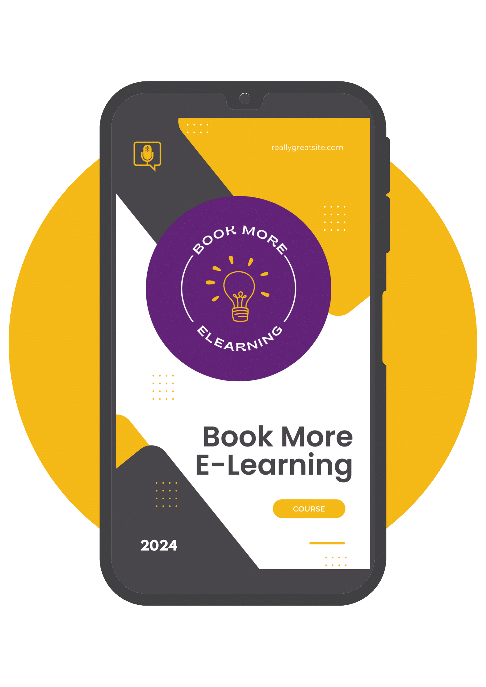 mockup of cell phone with the words "book more e-learning 2024"